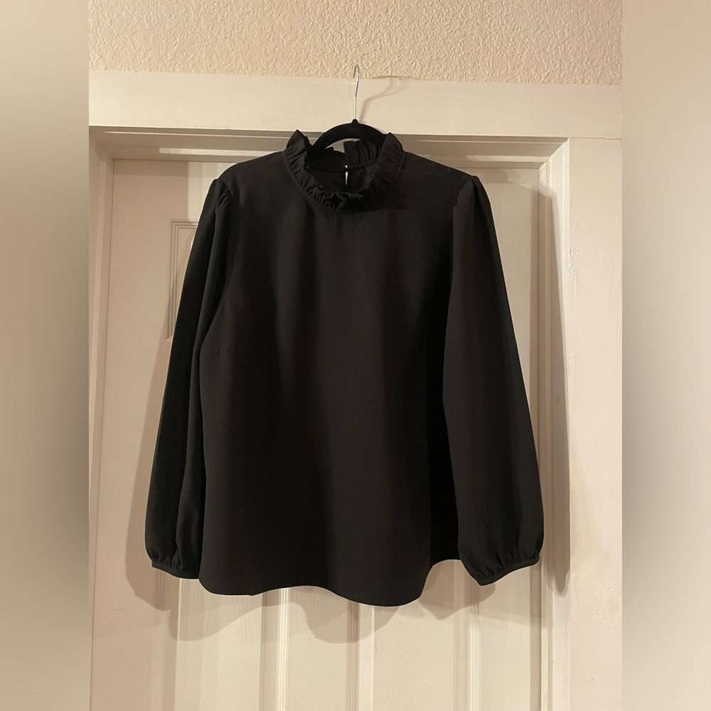 Jcrew Black Womens Blouse with ruffled neck, long sleeve, size XL - like new